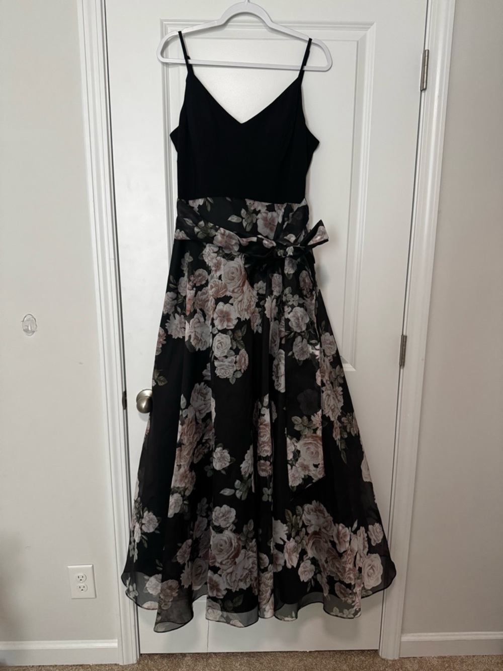 Eliza J Black Floral A-Line Dress with Bow Waist